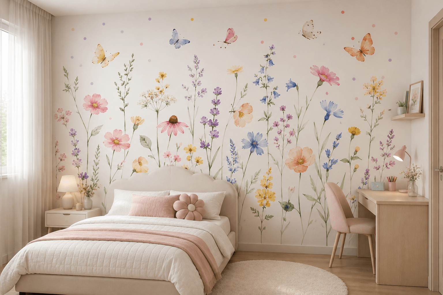 PAPEL DE PAREDE FLORAL COM BORBOLETAS AQUARELAS