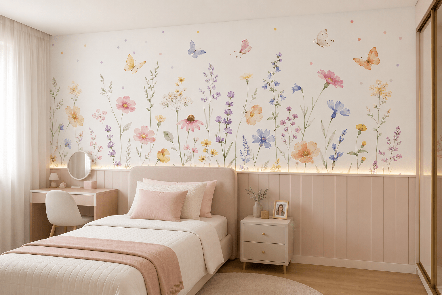 PAPEL DE PAREDE FLORAL COM BORBOLETAS AQUARELAS