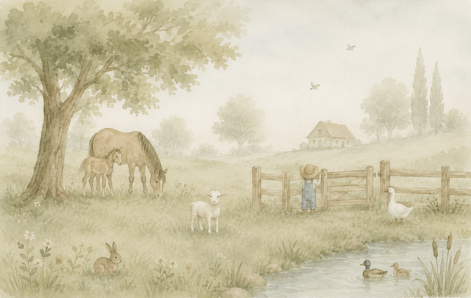 PAPEL DE PAREDE FAZENDA AQUARELA COM CAVALO